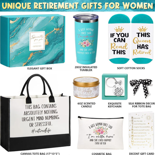 Happy Retirement Gift for Woman 2025, Funny Retirement Gifts for Women Coworkers, Cool Retired Gifts for Retirees Women Teacher Nurse Boss Friend Mom Grandma, Farewell Leaving Gift w/ Canvas Tote Bag