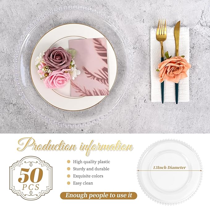 50 PCS Clear Round Charger Plates with Beaded Rim, 13 Inch Plastic Acrylic Plate, Plastic Round Beaded Dinner Decorative Service Plates for Wedding Party Event, Home Kitchen Tabletop(Clear)