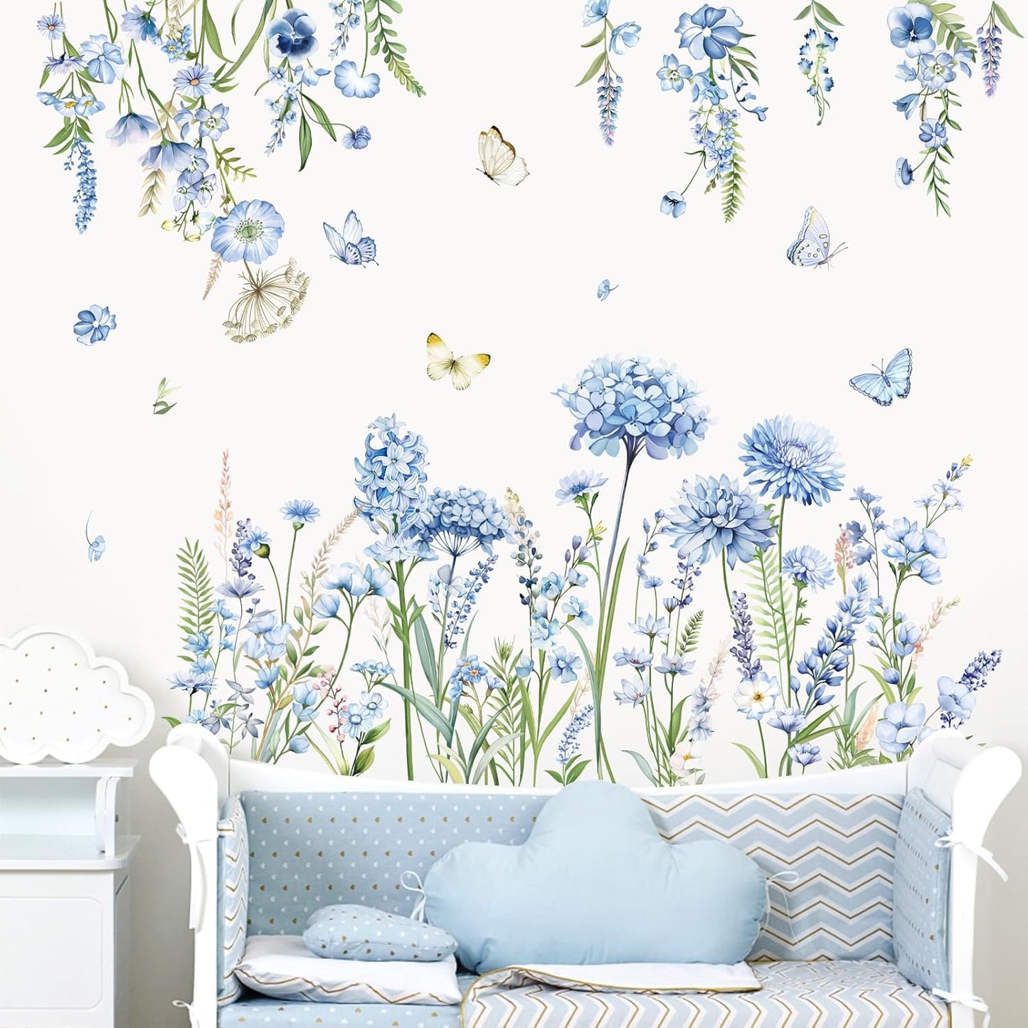 decalmile Wildflower Wall Stickers Blue Floral Garden Flower Wall Decals Girls Bedroom Baby Nursery Living Room Wall Decor