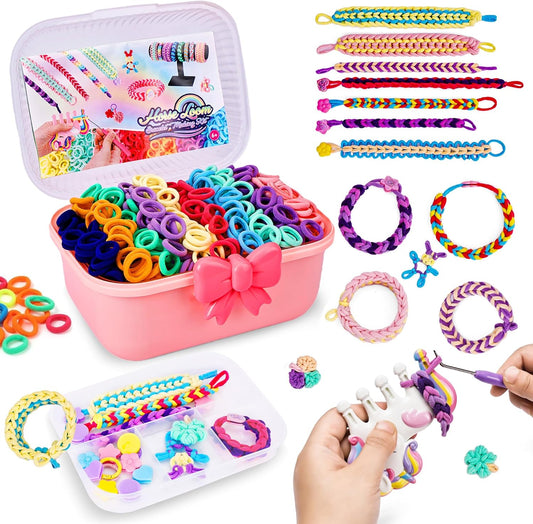 Bracelet Making Kit for Girls Ages 8-12, Weaving Rainbow Bands kit,DIY Toys for Friendship Birthday Gifts for Kids 6 7 9 10 11 13 Year Old, 1200+ Elastic Cloth Rubber Band Fabric Loops