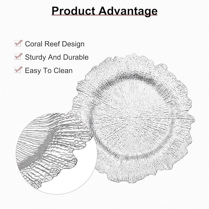 uxcell 10pcs Reef Charger Plates Bulk, 13 Inch Plastic Floral Charger Plates, Round Plate Chargers for Dinner Wedding Party Event Table Setting Decoration Silver