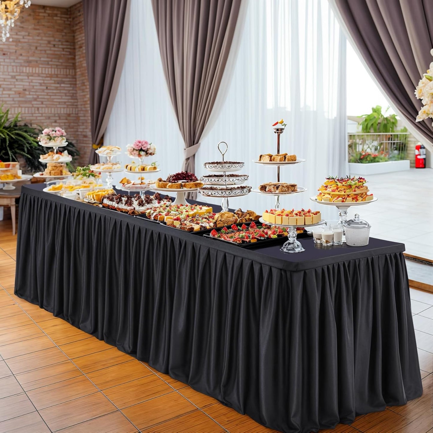 Black Table Clothes for Rectangle Tables 6ft, Wrinkle Resistant Fitted Table Cloth with Pleated Ruffle Skirts for Banquet Wedding Baby Shower Folding Tables