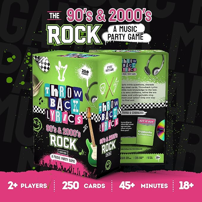 Throwback Lyrics The 90s & 2000s Rock Music Trivia Game with Charades | Finish The Lyrics + Steal Cards | Includes Playlist & Stickers | Adult Party Game Night- 250 Cards