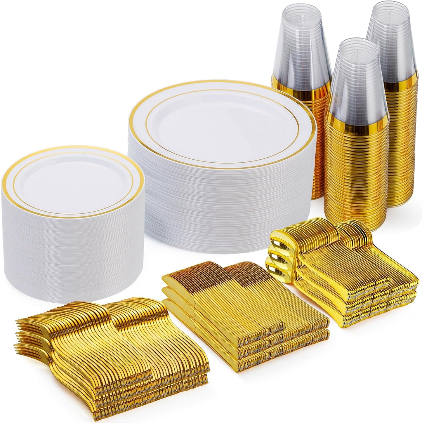 Goodluck 420 Pieces Gold Disposable Plates for 70 Guests, Plastic Plates for Party, Dinnerware Set of 70 Dinner and 70 Dessert Plates, 70 Spoons, 70 Forks, 70 Knives, 70 Cups