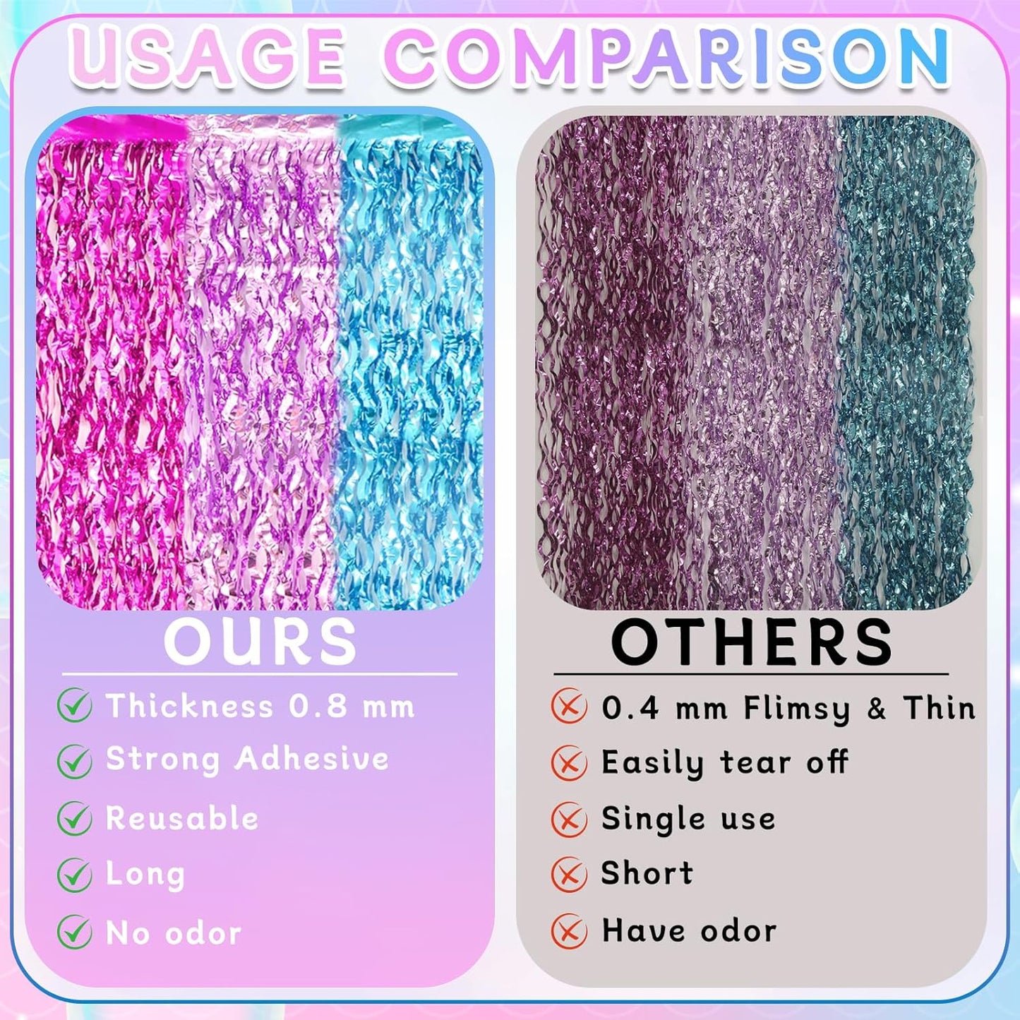 ADLKGG 3 Pack Wavy Foil Fringe Curtain, Pink Purple Blue Streamers Water Beach Backdrop for Mermaid Theme Birthday Decorations Under The Sea Party Decorations, Summer Holiday Party, 3.3x6.6 Feet