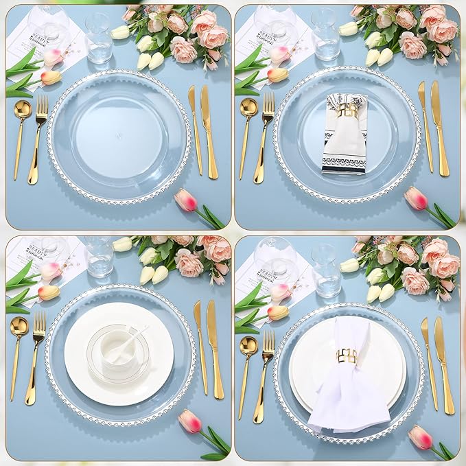 Zopeal 18 PCS Clear Charger Plates with Beaded Rim 13 Inch Plastic Round Charger Plates Bulk for Dinner Home Kitchen Wedding Party Tabletop(Silver)