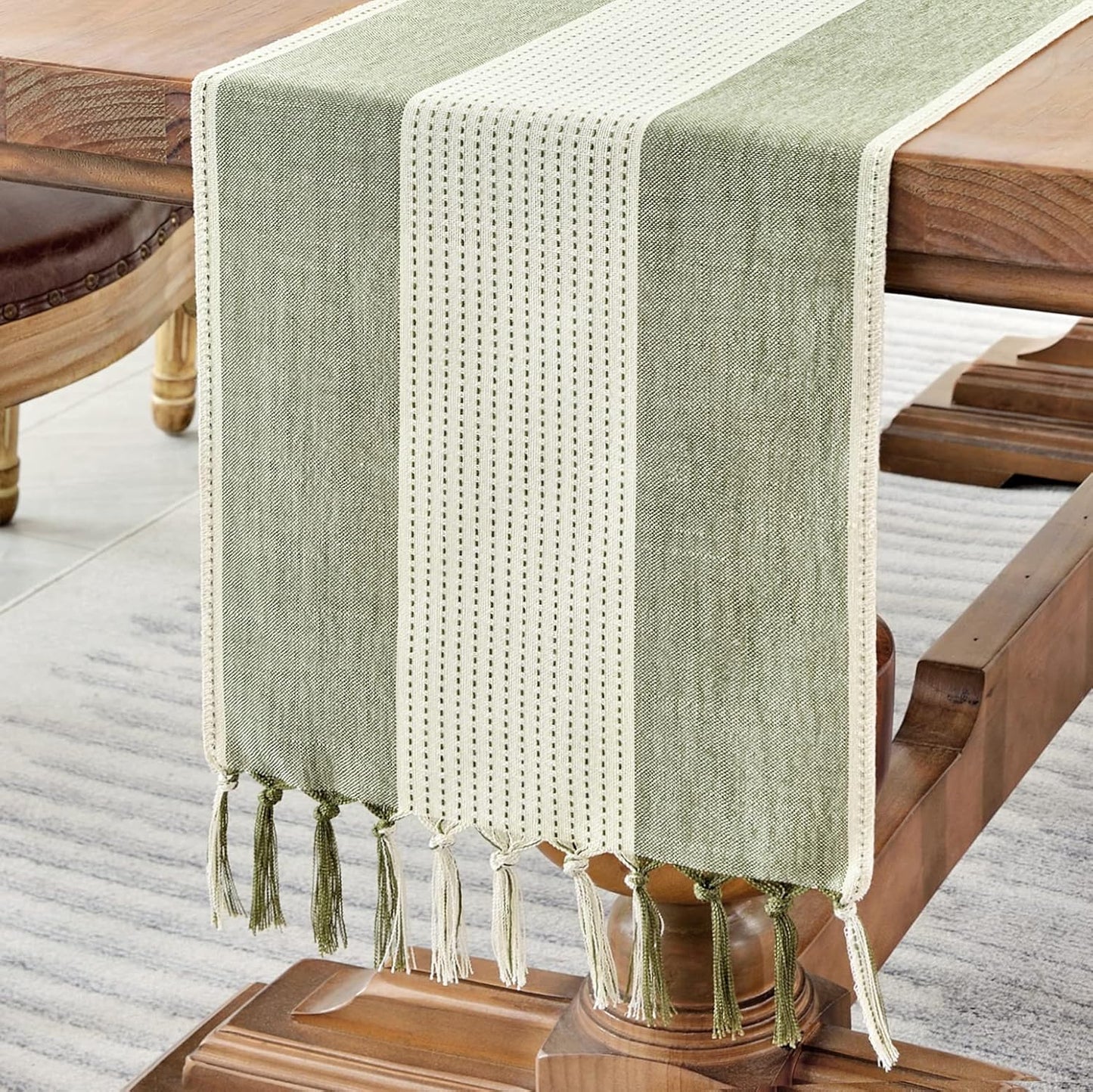 Wracra Linen Table Runner, Farmhouse Macrame Table Runners 72 Inches Long for Dining Table Decor, Wedding, Party and Dresser Decor (Sage Green,72")