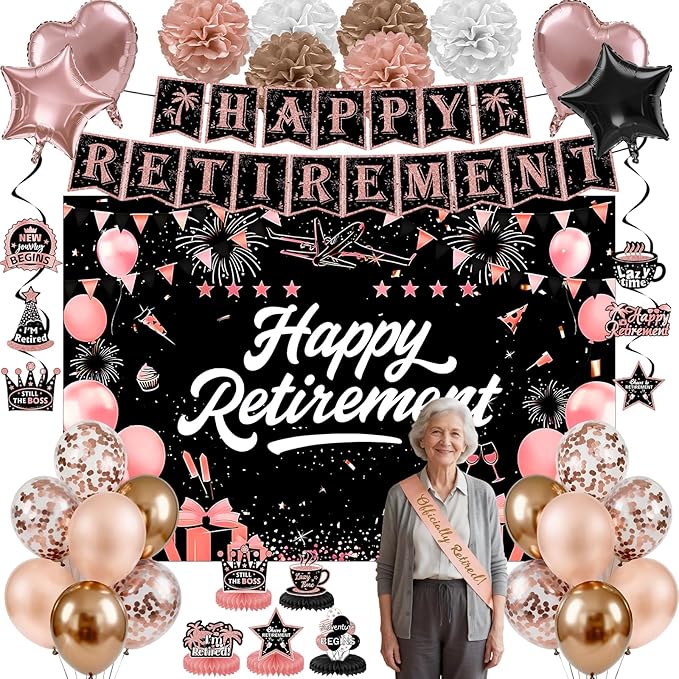 Retirement Party Decorations, Rose Gold Happy Retirement Decorations for Women Happy Banner & Backdrop Hanging Swirls Foil Balloon Retire Sash Paper PomPoms and Honeycomb Centerpieces