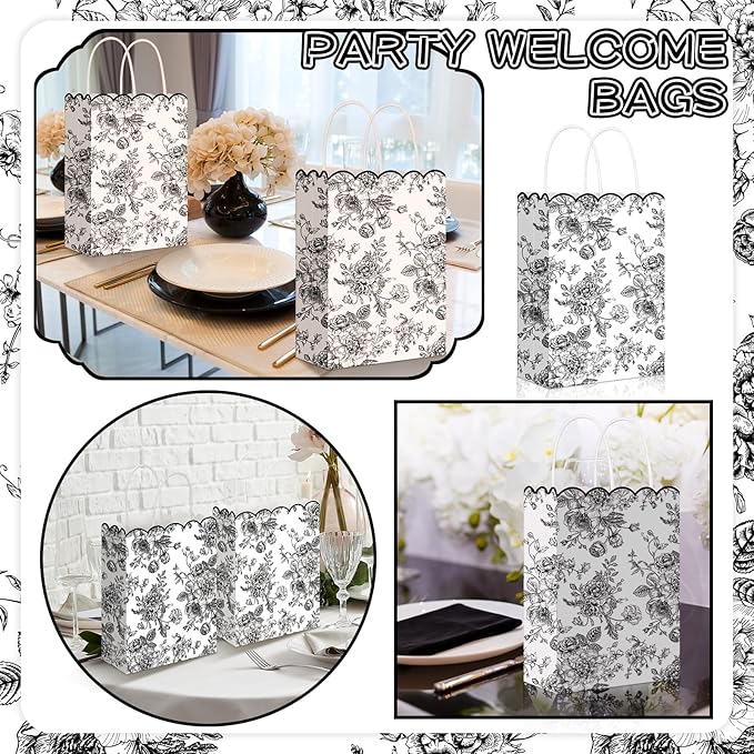 Kolldenn 24 Pcs Black Floral Gift Bags with Handles Wildflower Party Favor Candy Treat Goodie Bags Scalloped for Birthday Decoration for Bridal Baby Shower Party Supplies