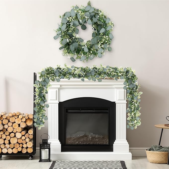 Sggvecsy 4 Pack Artificial Eucalyptus Garland Eucalyptus Leaves Vines Greenery Garland Faux Silver Dollar Eucalyptus Leaves for Table Party Wedding Indoor Outdoor Home Mantle Wall Decor