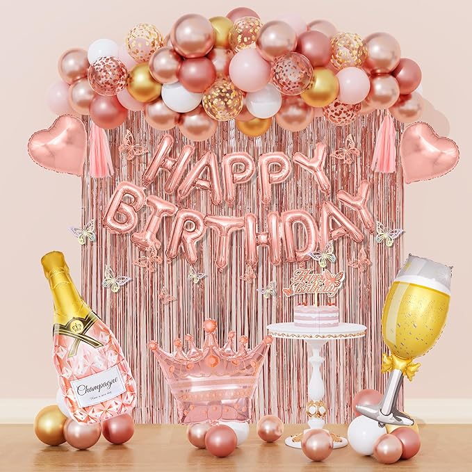 Amandir Rose Gold Birthday Party Decorations for Women Girls, Rose Gold Pink Confetti Foil Balloons, Butterfly, Fringe Curtain, Happy Birthday Banner, Cake Topper for30th 40th 50th 60th Supplies Decor