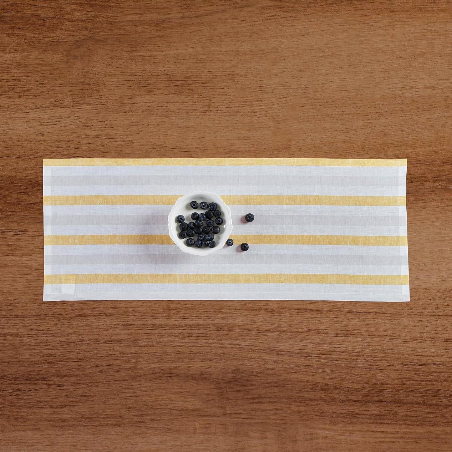 Solino Home Linen Table Runner 48 Inches - Sorrento Stripe 100% Pure Linen Yellow and Grey Table Runner 14 x 48 Inch Ideal for Dresser and Coffee Tables