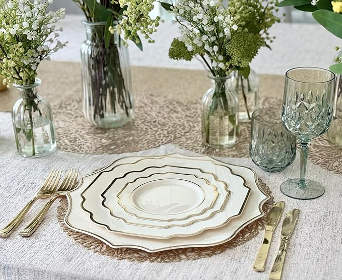 " OCCASIONS " 10 Pieces 13.25'' Scalloped Disposable/Reusable Plastic Charger Plates for Wedding, (Scalloped Imperial Ivory & Gold)