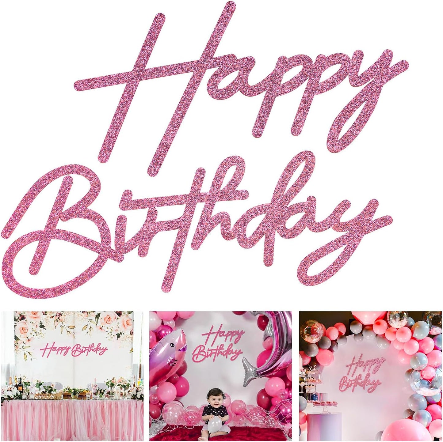 Glitter Pink Happy Birthday Sign for Backdrop - Felt Glitter Letters for Birthday Party Balloon Arch Party Baby Shower, Reusable Large Happy Birthday Decorations Party Letters Sign for Women