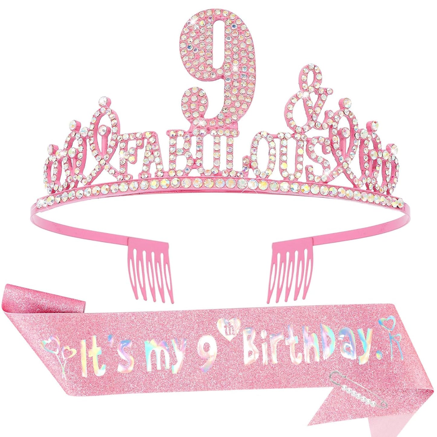 9th Birthday Decorations for Girls Set - Happy 9th Birthday Princess Crown and Glitter Sash, 9 Year Old Girl Tiara Party Decorations Supplies Outfit Accessory Gifts