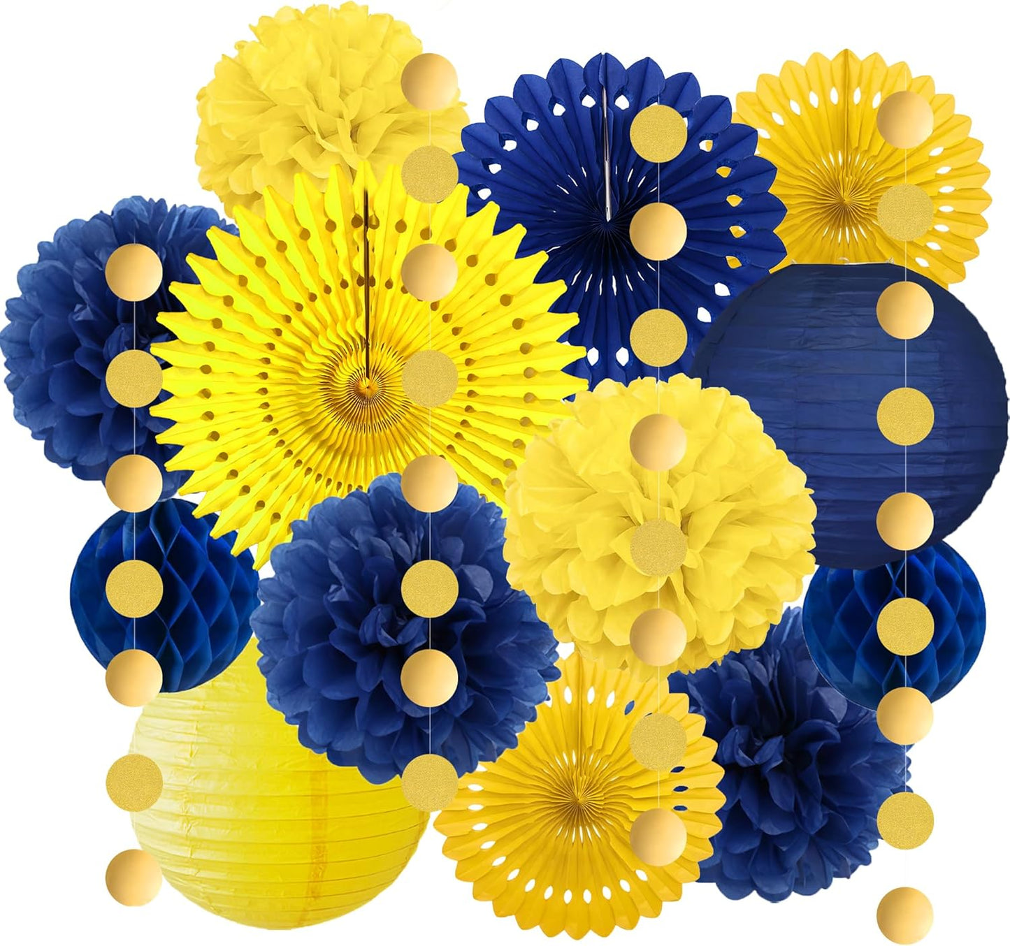 Blue and Yellow Party Decorations Blue and Yellow Paper Fans Paper Lanterns Pom Poms Flowers for Baby Shower Birthday Wedding Engagement Party