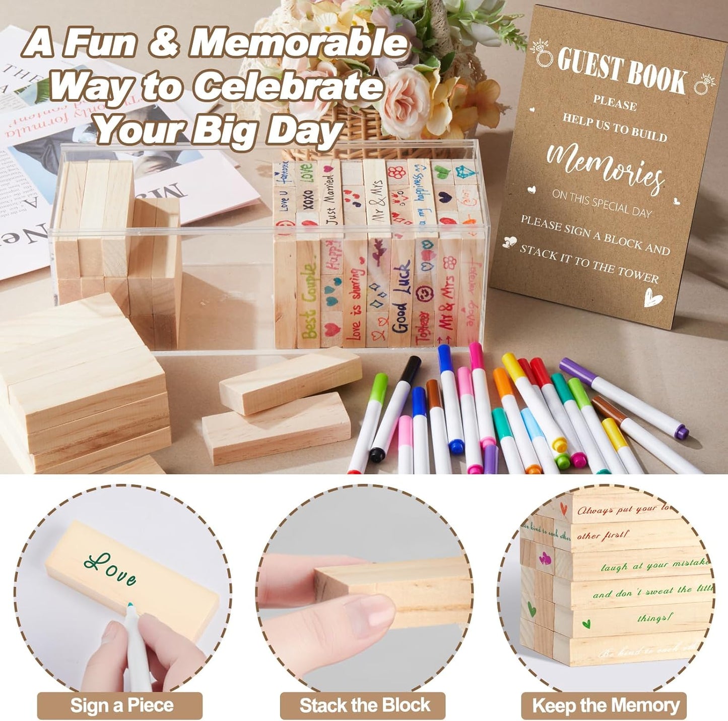 80 Pcs Wedding Guest Book Alternative Wooden Block Guest Book for Wedding Sign in Bridal Shower Decoration Wooden Block Bridal Shower Game for Sign in, Reception(Boho)