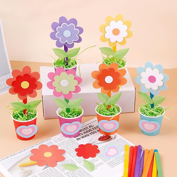 FULAIERGD 30 Packs Mother's Day Flower Paper Pot Craft Kits Make Your Standing Spring Flower Craft Kits Paper Cup Arts Crafts Decorations for Mom Fun DIY Decor Home Art Activities