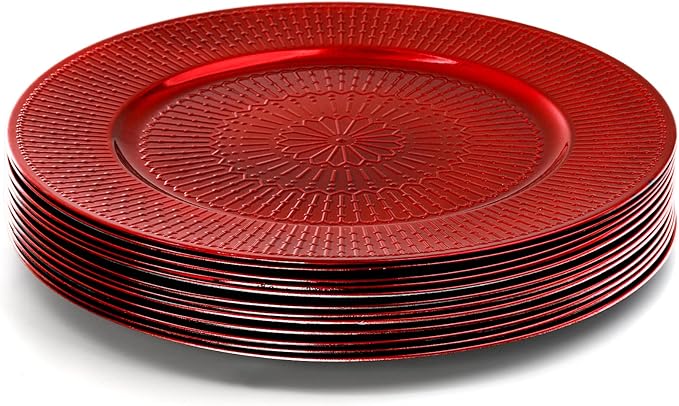 DEAYOU 12 Pack Red Charger Plate, 13-inch Beaded Chargers for Dinner Plates, Plastic Reusable Round Charger Platters for Wedding, Party, Event, Table Setting, Decoration, Holiday