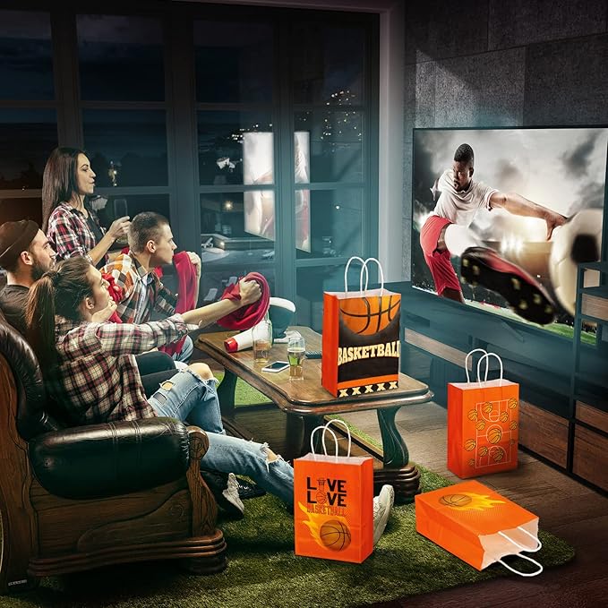 Outus 24 Pcs Basketball Gift Bags Basketball Party Favor Bags Basketball Goody Treat Candy Paper Bags with Handles Basketball Party Decorations for Kids Sports Themed Birthday Party Supplies