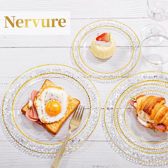 Nervure 102PCS Gold Plastic Plates - Disposable Clear Gold Party Plates Include 51PCS 10.25inch Dinner Plate & 51PCS 7.5inch Dessert Plate Perfect for Wedding & Party & Christmas (Pack of 2)