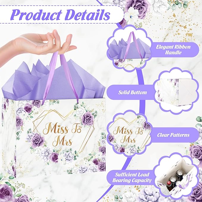 Yomaiha Purple Bridal Shower Gift Bag Wedding Miss to Mrs Gifts Bag with Tissue and Card Bridal Shower Gift Wrapping Paper Bag Floral Boho Wedding Gift Bags Bride Engagement Bachelorette Party Bag