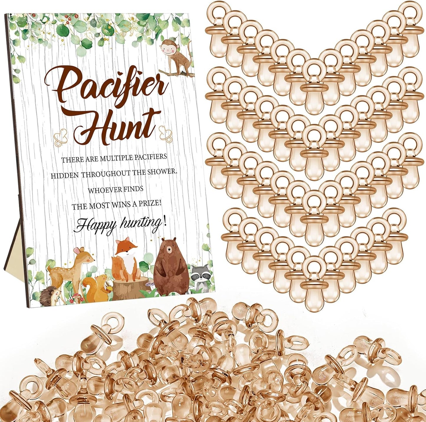 Thyle 51 Pcs Pacifier Hunt Baby Shower Games Include Hunt Sign and 50 Acrylic Pacifiers for Baby Shower Game Decoration Gift Sets Gender Reveal Party Decor (Woodland Animals)