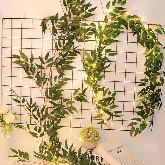 RECUTMS Artificial Hanging Willow Leaves Vine Twigs with Light 2Pc 5.7Ft Fake Silk Green Leaves Ivy Garland Faux Greenery Decoration for Indoor Outdoor Home Wedding Jungle Birthday Party Garden Table