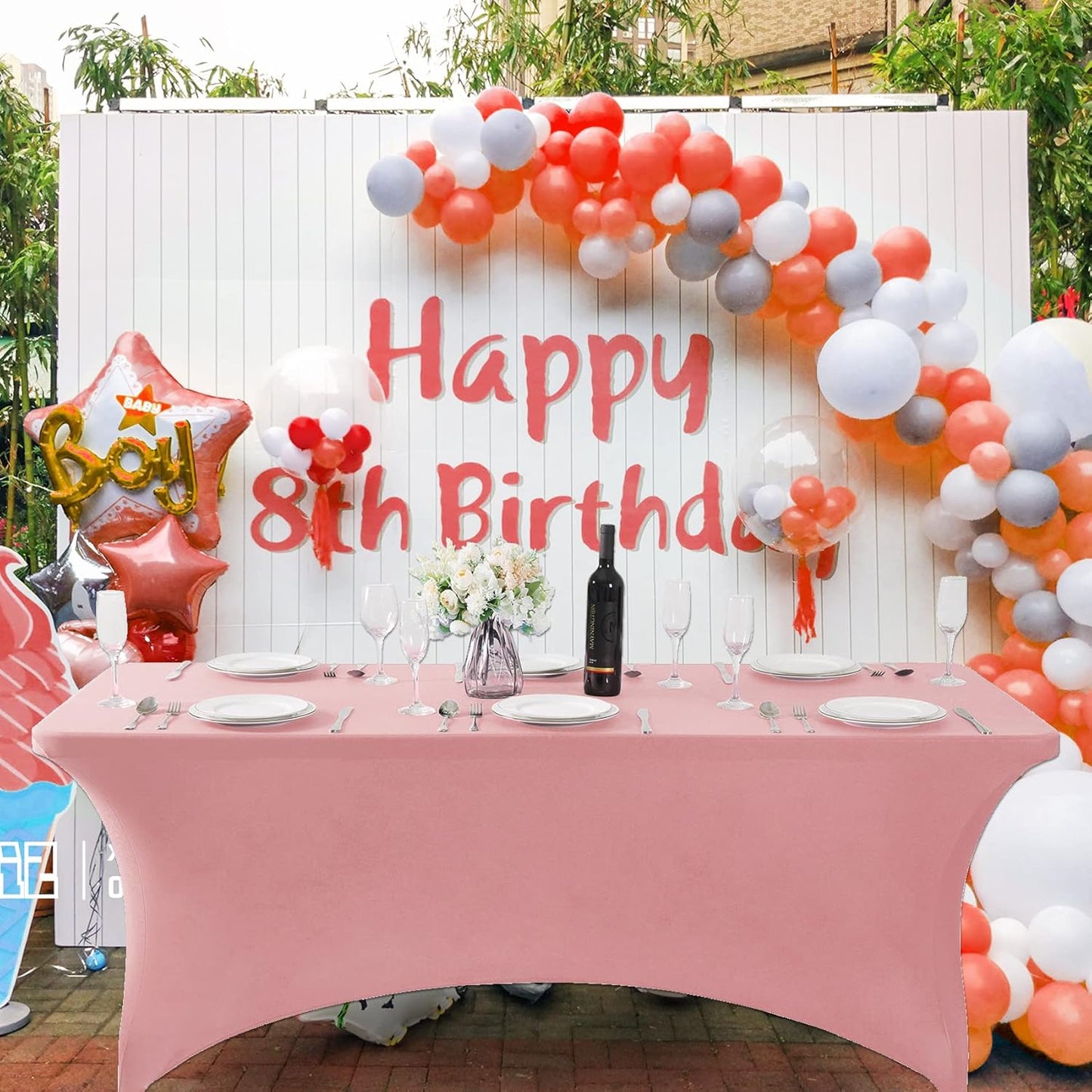SuperO Waterproof Spandex Table Cover for 4FT Table Universal Fitted Stretch Tablecloth for Party, Banquet, Wedding and Events-Dusty Pink