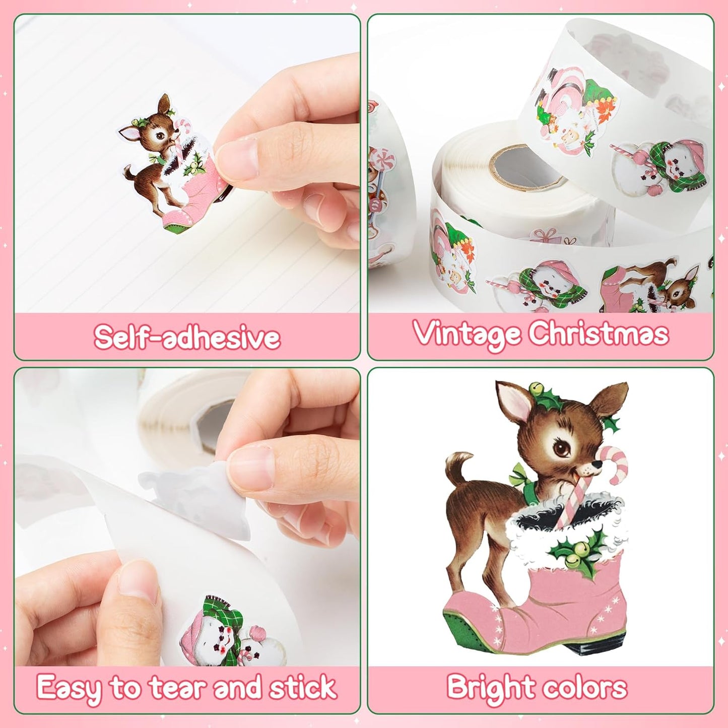 Vintage Pink Christmas Stickers - 1000pcs Winter Cartoon Retro Christmas Sticker Rolls Pink Victorian Santa Claus Elk Snowman Gingerbread Decorative Decals Xmas Holiday Party Decorations