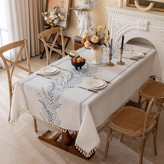 Joyfol Day Rustic Waterproof Linen Tablecloth, Heavy Weight Fern Embroidery Table Cloths for Rectangle Tables, Farmhouse Spill-Proof Table Covers with Tassels, Blue 55''x 86''