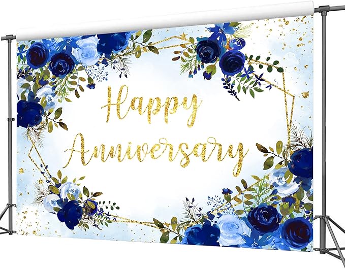Homewelle Blue Rose Happy Anniversary Backdrop 7Wx5H Feet Polyester Fabric Floral Flower Navy Gold Cheers to Wedding Bridal Women Decoration Valentine's Day Photography Background Photo Shoot Props
