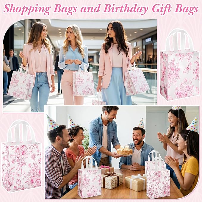 Wovnet 30 Pcs Pink Floral Gift Bags Bulk Reusable Non Woven Vintage Floral Tote Treat Goodie Candy Bags with Handles Spring Flowers Party Favors Pouch for Bridal Shower Wedding 10 x 8 x 4 Inch