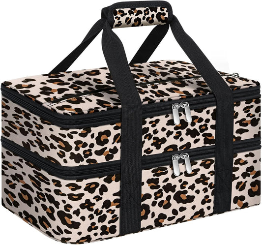 Double Insulated Casserole Carrier, Portable Casserole Carrier for Hot or Cold Food Lunch Tote Warmer or Cooler Bag, Lasagna Lunch Bag for Potluck Parties- Fits 9" x 13" Baking Dish-Leopard