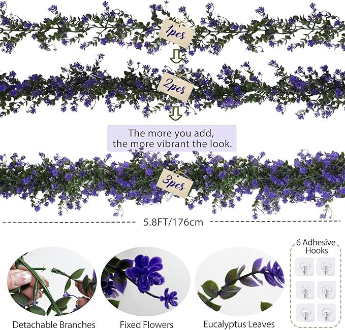 Fake Hanging Eucalyptus Garlands Artificial Vines Plants Eucalyptus Leaves with Flowers Greenery Spring Floral Garland for Home Garden Wedding Wall Arch Party Decoration(Purple)