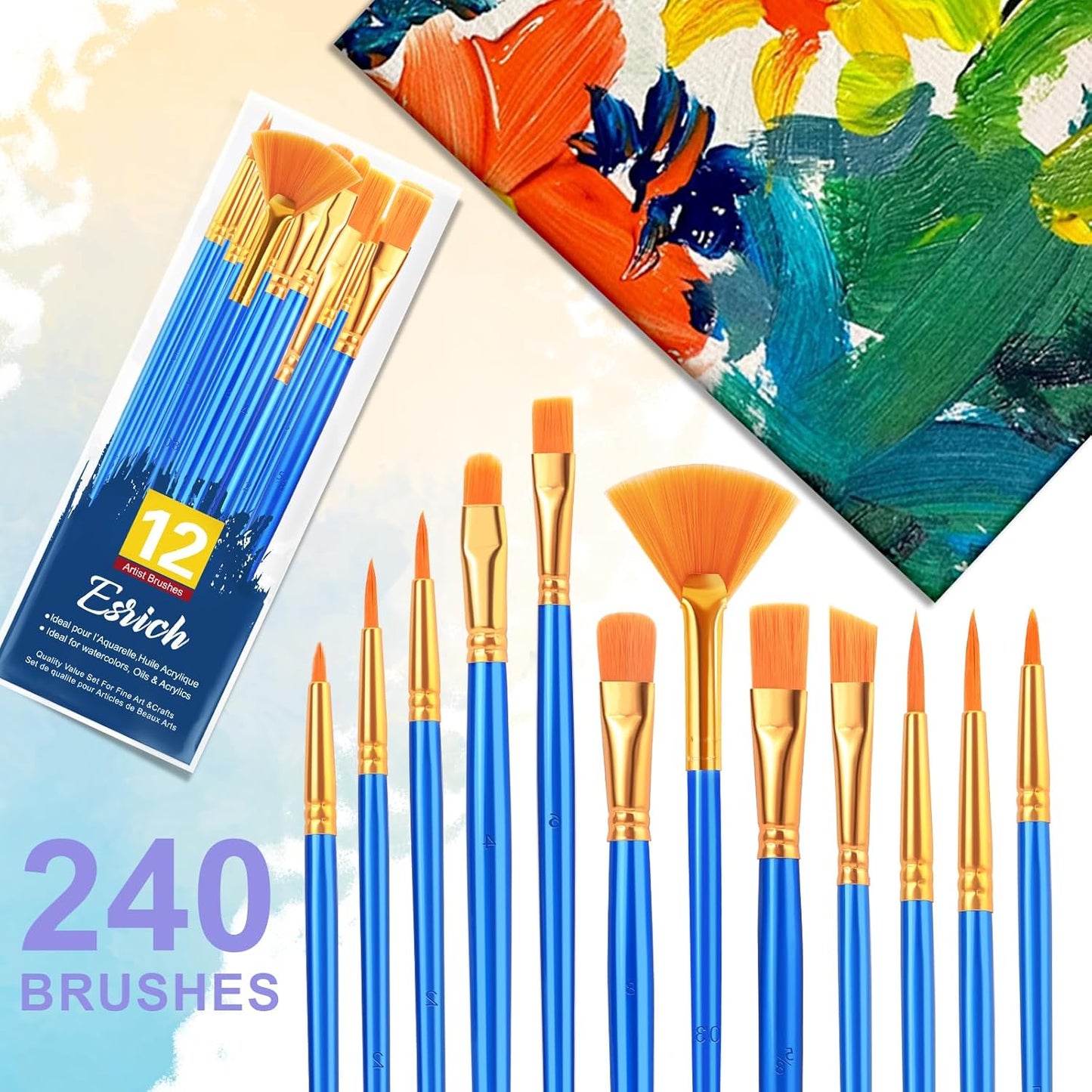 ESRICH Paint Brushes Set,20 Pack 240 Pcs Nylon Hair Paintbrushes Round-Pointed Tip Paint Brush,Artist Paint Brushes for Acrylic Painting,Acrylic Oil Watercolor Face Arts,Kids Adult Drawing