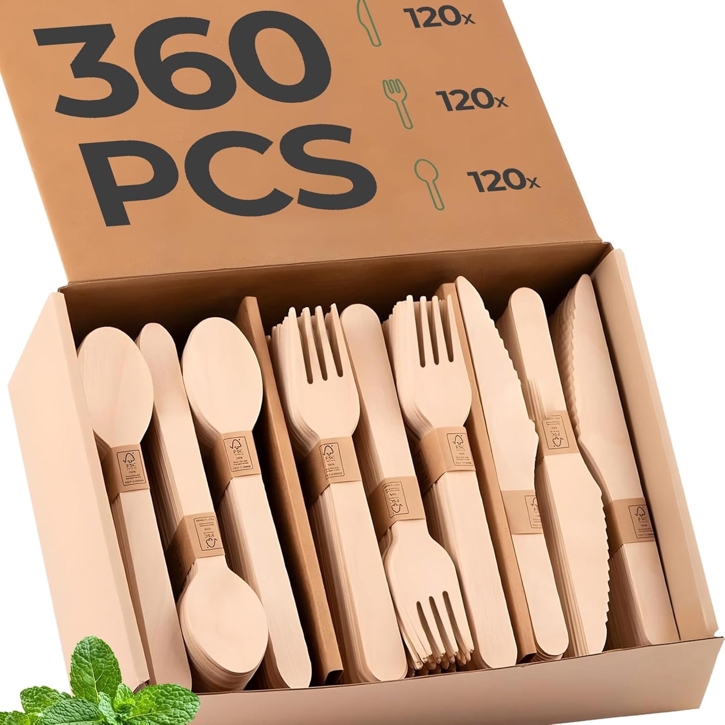 360 PCS Wooden Disposable Cutlery Set – 120 Forks, 120 Knives, 120 Spoons, Compostable Utensils & Plastic-Free Flatware for Party, Camping & Wedding