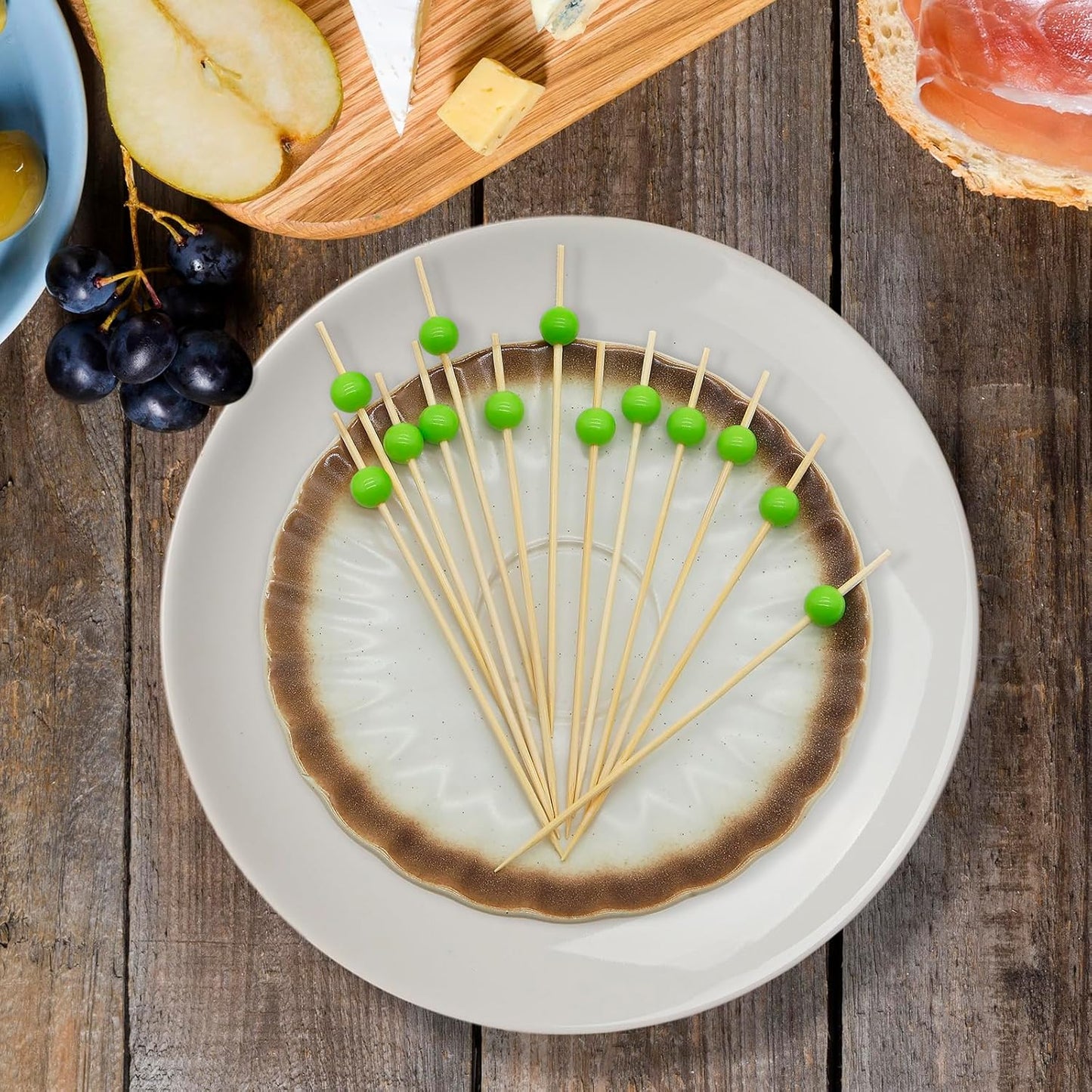 Minisland Grass Green Pearl Cocktail Picks, 4.7 Inch Long Bamboo Fancy Toothpicks for Appetizers, Decorative Spring Summer Holiday Party Food Drink Garnish Fruit Kabob Skewer Sticks 100 Counts -MSL453