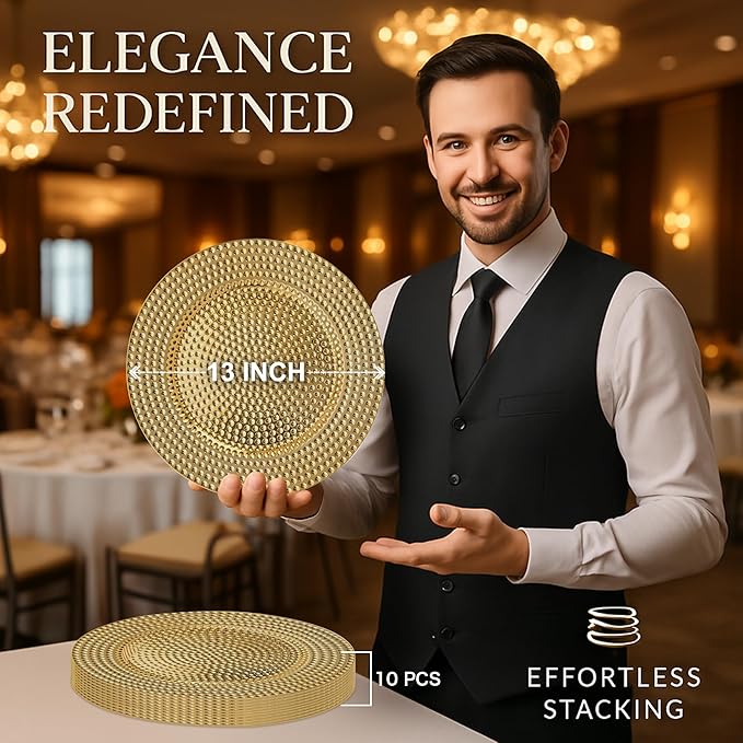 JEVERGN 10 Pack Gold Charger Plates, 13" Hammered Chargers for Dinner Plates, Gold Plate Chargers Set of 10, Round Plastic Charger for Wedding, Party Event, Dinner, Table Setting