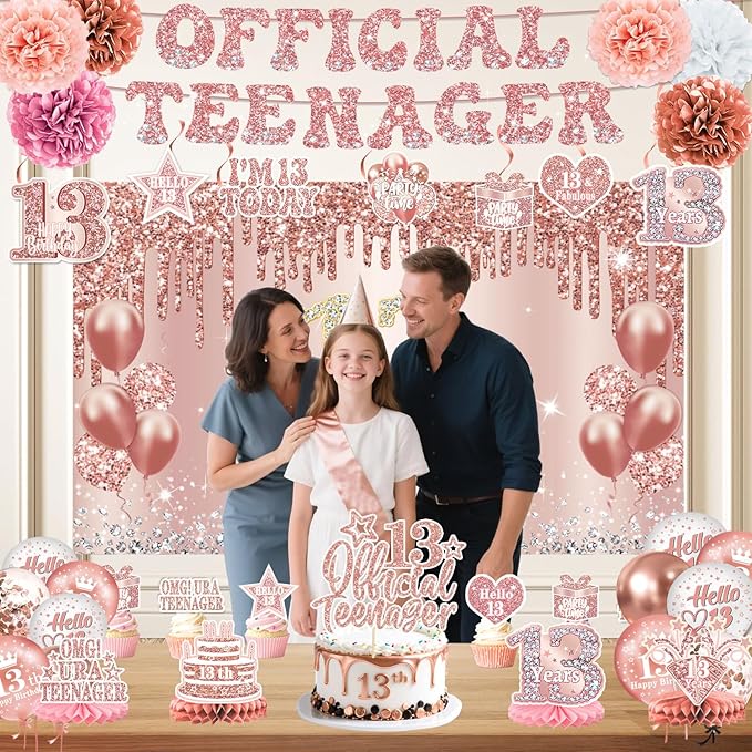 13th Birthday Decorations for Girls – 53pcs Official Teenager Decorations Backdrop, Banner, Honeycomb Centerpieces, Hanging Swirls, Foil & Latex Balloon, Cake & Cupcake Toppers, Sash, Pom Poms