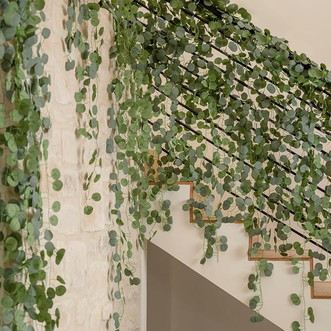 CQURE 14 Pack Eucalyptus Garland, Artificial Greenery Garland Spring Faux Eucalyptus Leaves Table Vines for Wedding Backdrop Fireplace Arch Door Wall Room Decor（98FT）