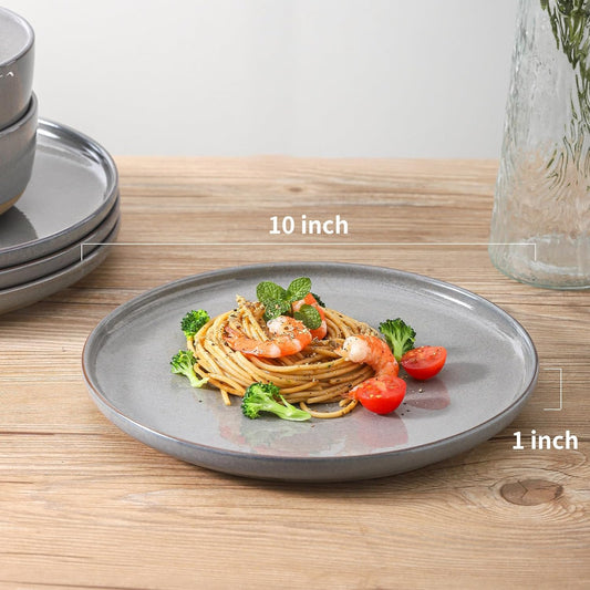 Ceramic Dinner Plates Set of 4,Stoneware 10 Inch,Microwave,Dishwasher and Oven Safe,Porcelain Dessert Plates for Pasta,Salad and Steak,Dishes Set for Kitchen,Scratch Resistant,Gray
