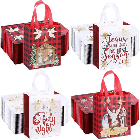 Wesnoy 48 Pcs Christmas Nativity Gift Bags Bulk 10 x 8 x 4 Inch Reusable Non Woven Christian Party Favors Red White Treat Goodies Tote Bags with Handles for Religious Jesus Holiday Party Supplies