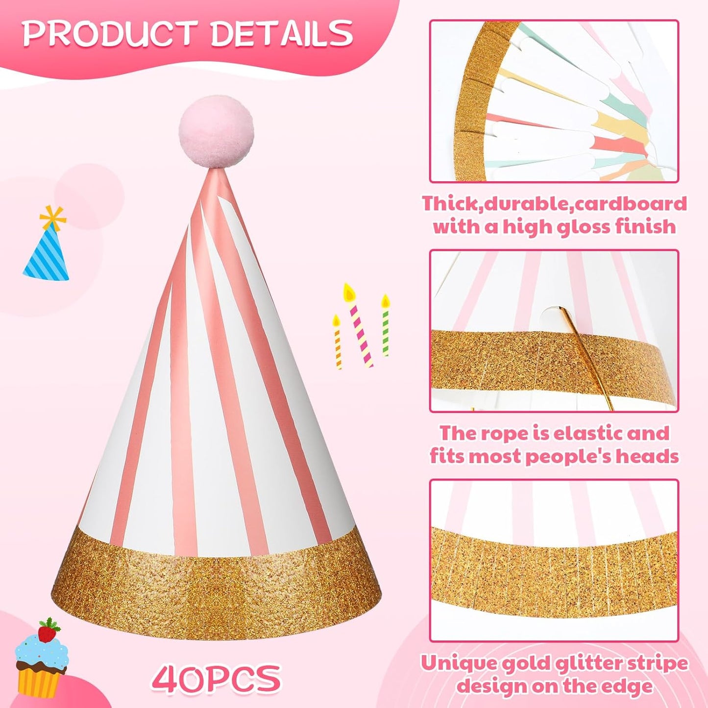 40 Pcs Birthday Party Hats Adult Pastel Cone Hats Bulk Pom Pom Lovely Stripe Headwear with Elastic String and Glue for Party Anniversary Jamboree Photo Props Decorations