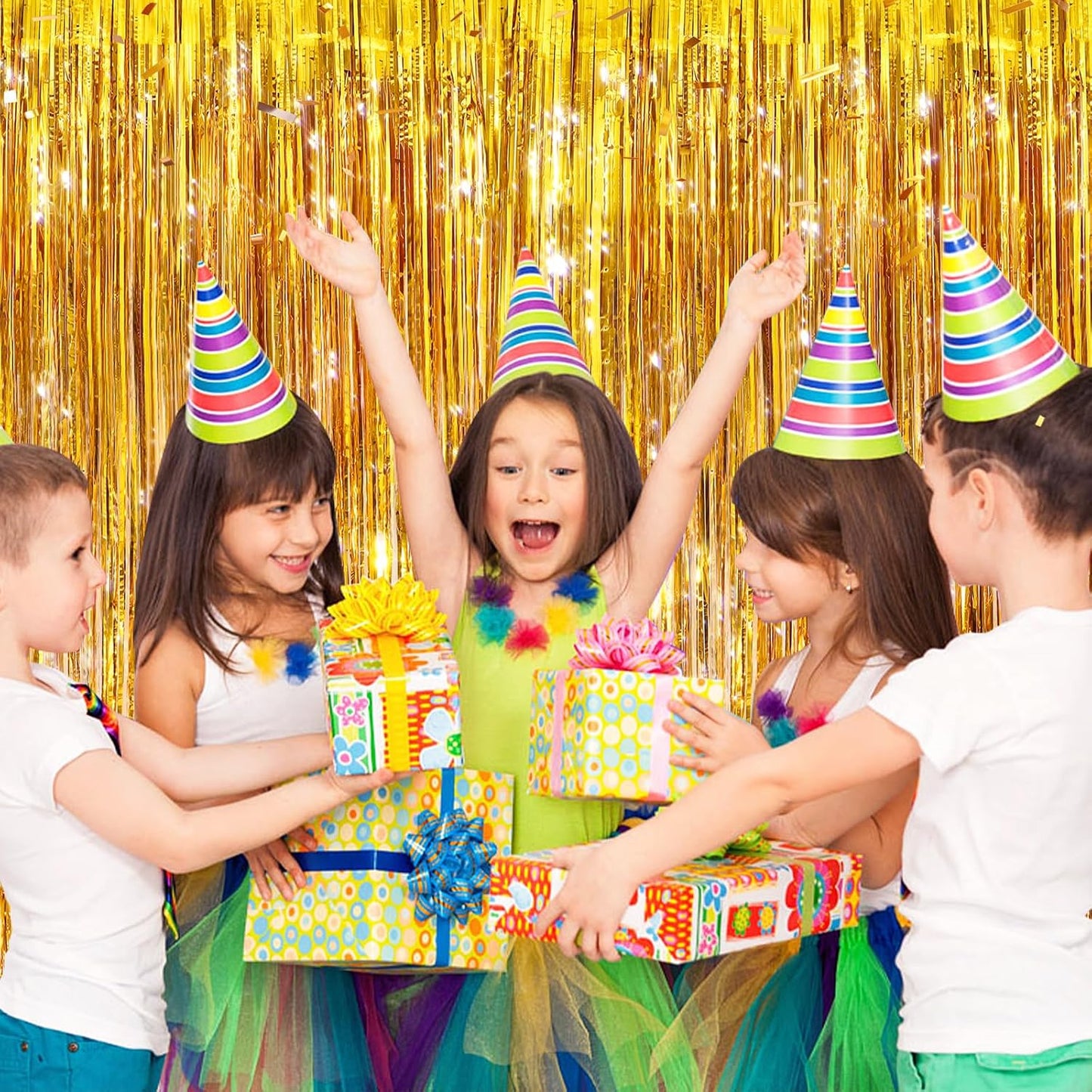 2 Pack Gold Metallic Tinsel Foil Fringe Curtains, Door Streamers Photo Booth Backdrop for Birthday Party, Tinsel Curtain Backdrop for Baby Shower Bachelorette Christmas Party Decorations