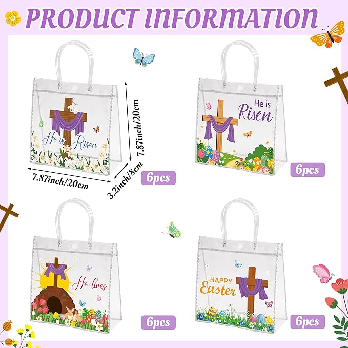H1vojoxo Religious Easter Gift Bags - 24PCS He is Risen Christian Clear PVC Gift Bags with Handle for Kids Cross Print Reusable Goodie Treat Candy Snack Bag for Easter Church Party Favors Supplies