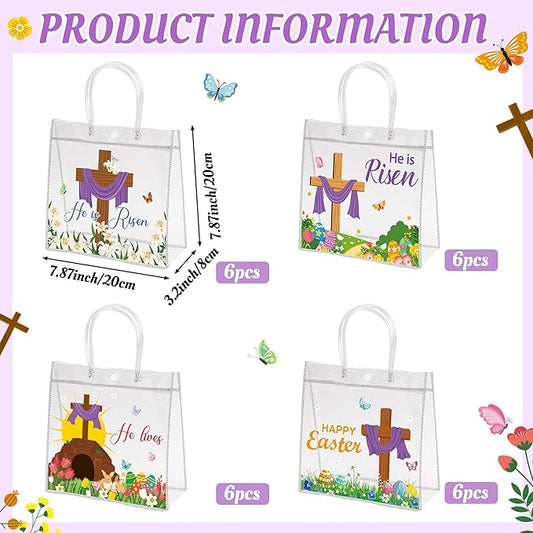 H1vojoxo Religious Easter Gift Bags - 24PCS He is Risen Christian Clear PVC Gift Bags with Handle for Kids Cross Print Reusable Goodie Treat Candy Snack Bag for Easter Church Party Favors Supplies