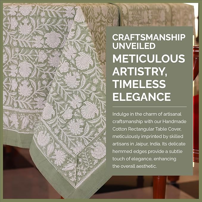Labhanshi Indian Handblock Print Table Cloth|Cotton Floral 72x135 Inch Rectangle 10-Seater Rustic St. Patrick Spring Easter Decoration Table Top Cloth|Baby Shower Birthday Party Decor |Sage Green