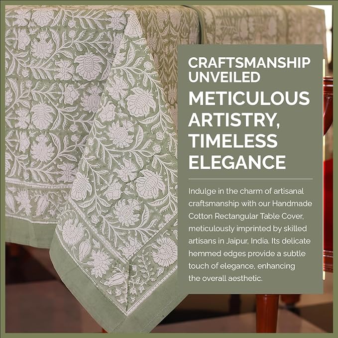 Labhanshi Indian Handblock Print Pre-Washed Cotton Floral 60x90 Inch Rectangle 6-Seater TableCloth|Rustic Farmhouse Decorative Party Event Wedding Banquet Thanksgiving Festive holiday Decor|Sage Green