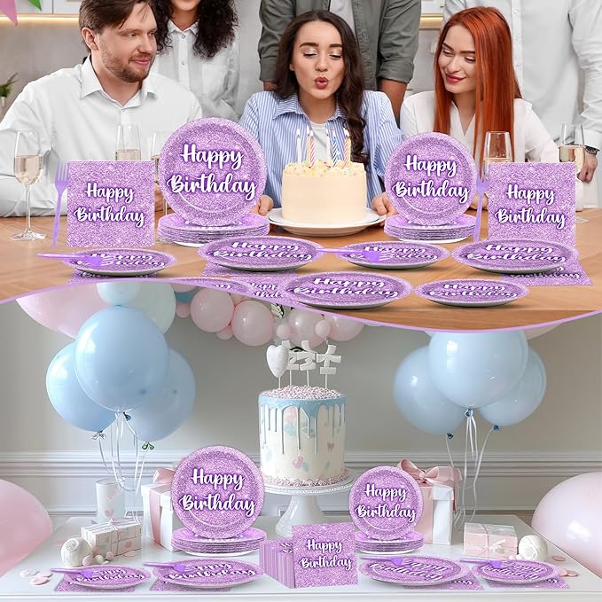 96PCS Purple Glitter Birthday Party Plates and Napkins Purple K-pop Tableware Party Paper Plates Glitter Disposable Dinnerware Parties Set for Girls Women Birthday Sprinkle Anniversary Decorations
